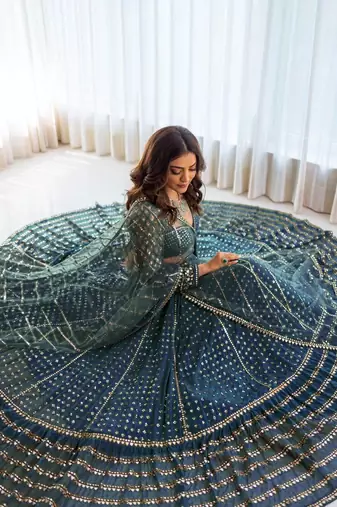 Teal Georgette Sequin Embroidered Lehenga Choli Set 