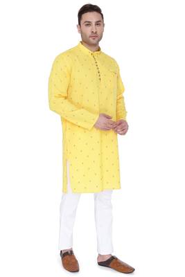 men's fluorescent yellow viscose silk festive long kurta 4
