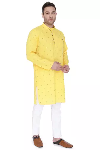 men's fluorescent yellow viscose silk festive long kurta