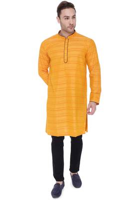 men's saffron yellow cotton silk casual long kurta 1