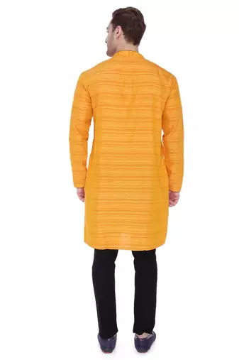 men's saffron yellow cotton silk casual long kurta