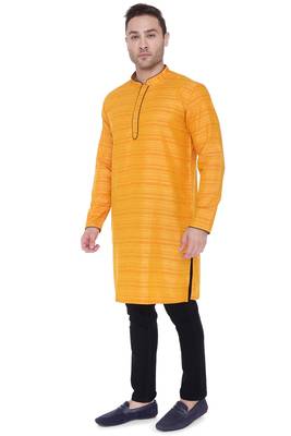 men's saffron yellow cotton silk casual long kurta 3