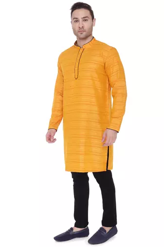 men's saffron yellow cotton silk casual long kurta