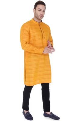 men's saffron yellow cotton silk casual long kurta 4