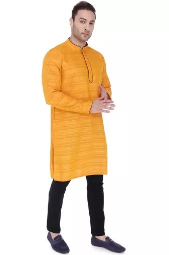 men's saffron yellow cotton silk casual long kurta