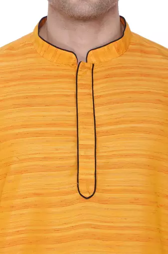 men's saffron yellow cotton silk casual long kurta