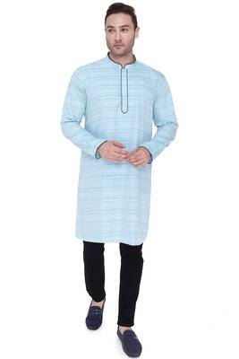 men's cyan cotton silk casual long kurta 1
