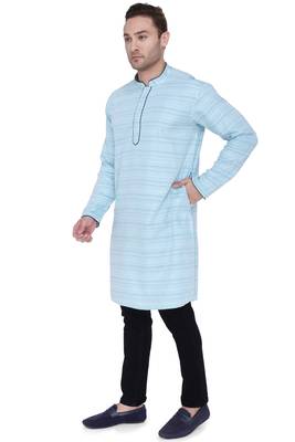men's cyan cotton silk casual long kurta 3
