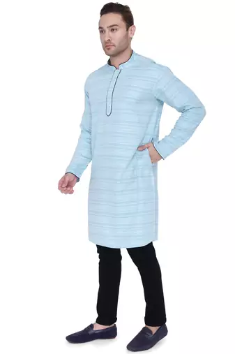 men's cyan cotton silk casual long kurta