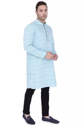 men's cyan cotton silk casual long kurta