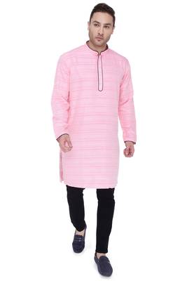 men's blooming pink cotton silk casual long kurta 1