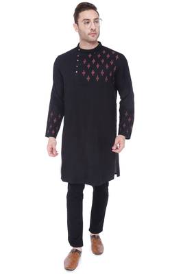 men's black cotton slub angrakha festive kurta 1
