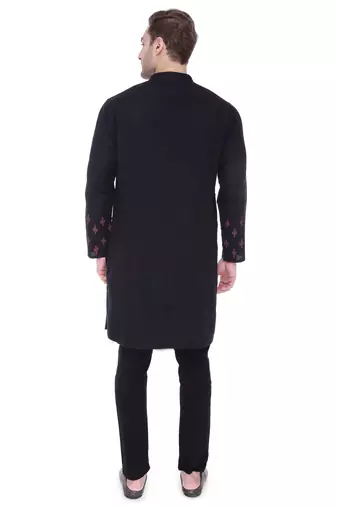men's black cotton slub angrakha festive kurta