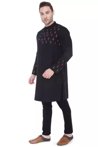 men's black cotton slub angrakha festive kurta