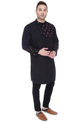 men's black cotton slub angrakha festive kurta 4