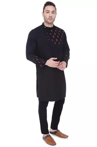 men's black cotton slub angrakha festive kurta