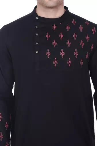 men's black cotton slub angrakha festive kurta
