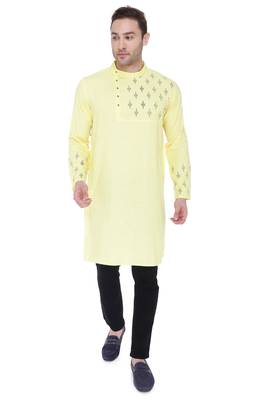 men's cream yellow cotton slub angrakha festive kurta 1