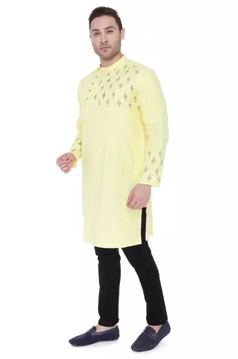 men's cream yellow cotton slub angrakha festive kurta