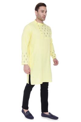men's cream yellow cotton slub angrakha festive kurta 4