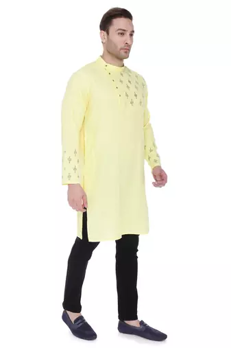 men's cream yellow cotton slub angrakha festive kurta