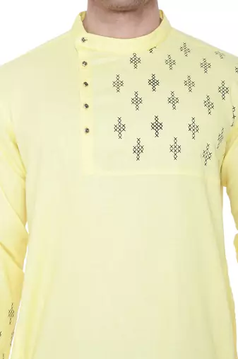 men's cream yellow cotton slub angrakha festive kurta