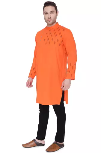 men's  saffron cotton slub angrakha festive kurta