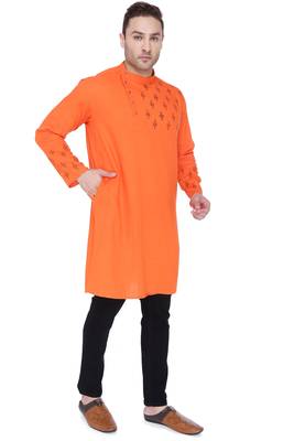 men's  saffron cotton slub angrakha festive kurta 4
