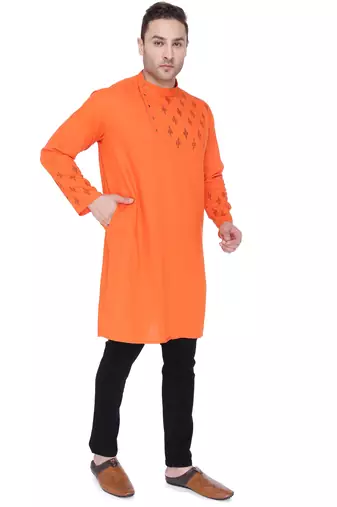 men's  saffron cotton slub angrakha festive kurta