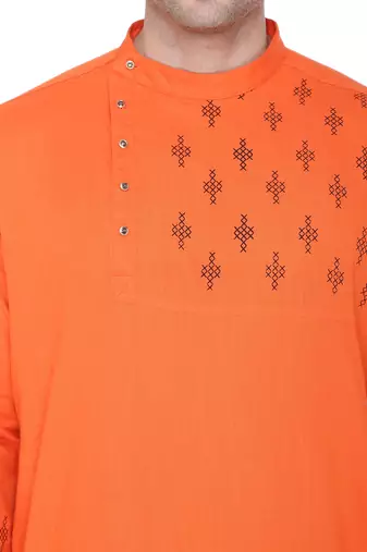 men's  saffron cotton slub angrakha festive kurta