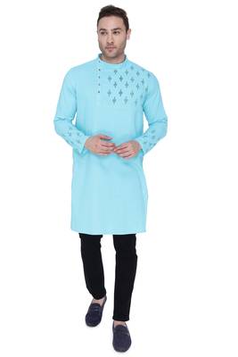 men's aqua blue cotton slub angrakha festive kurta 1