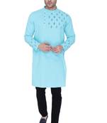 men's aqua blue cotton slub angrakha festive kurta