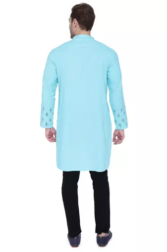 men's aqua blue cotton slub angrakha festive kurta