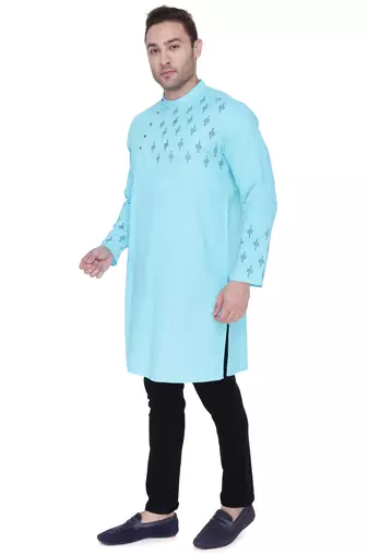 men's aqua blue cotton slub angrakha festive kurta