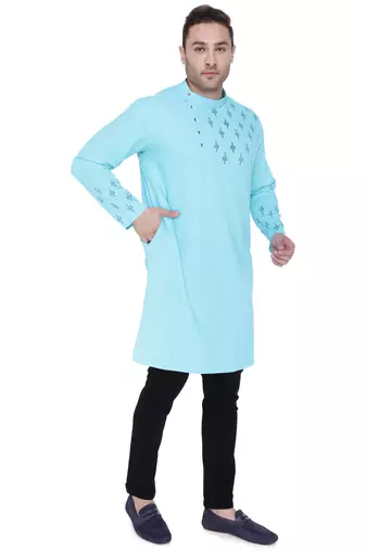men's aqua blue cotton slub angrakha festive kurta