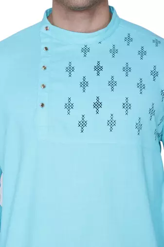 men's aqua blue cotton slub angrakha festive kurta