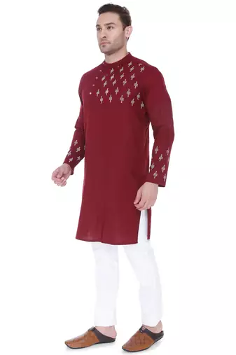 men's maroon cotton slub angrakha festive kurta