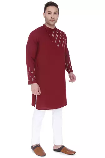 men's maroon cotton slub angrakha festive kurta