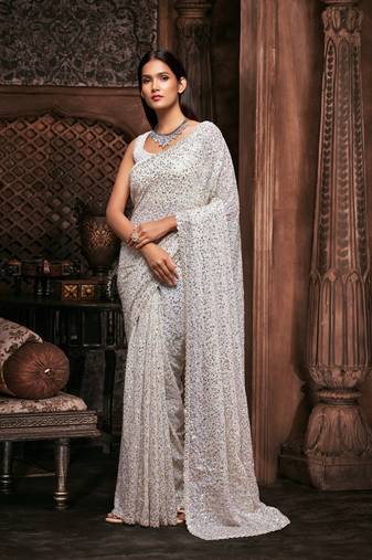 White Georgette Sequins Work Saree With Blouse