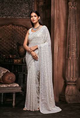 White Georgette Sequins Work Saree With Blouse 1