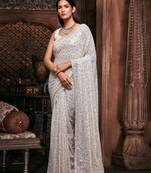 White Georgette Sequins Work Saree With Blouse