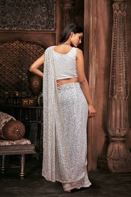 White Georgette Sequins Work Saree With Blouse 2