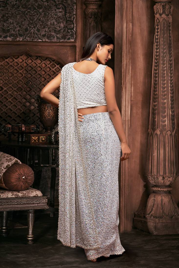 White Georgette Sequins Work Saree With Blouse