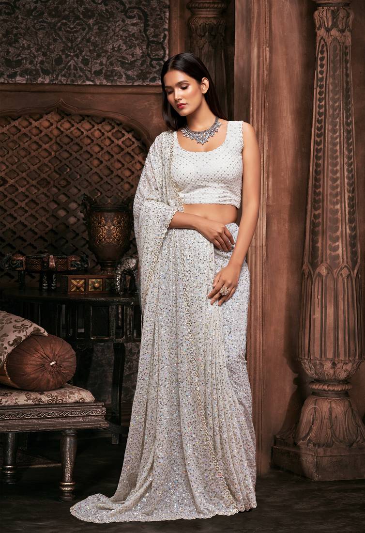 White Georgette Sequins Work Saree With Blouse