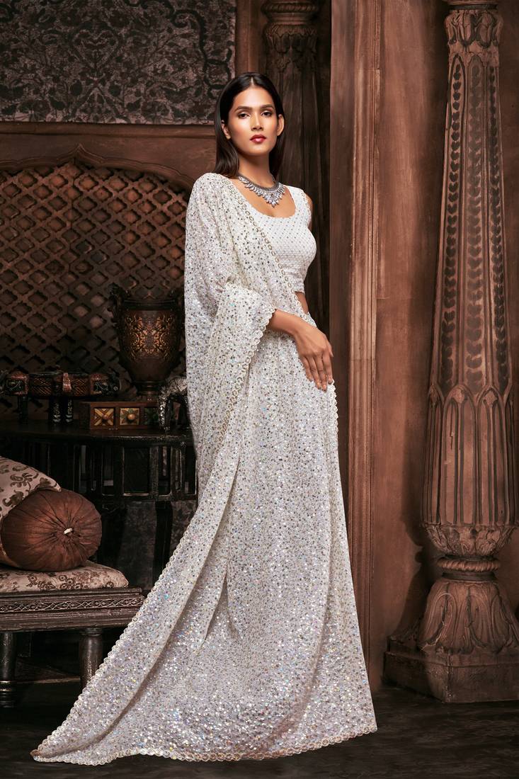 White Georgette Sequins Work Saree With Blouse