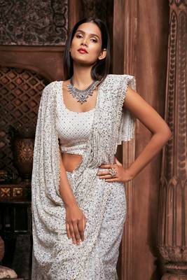 White Georgette Sequins Work Saree With Blouse 5