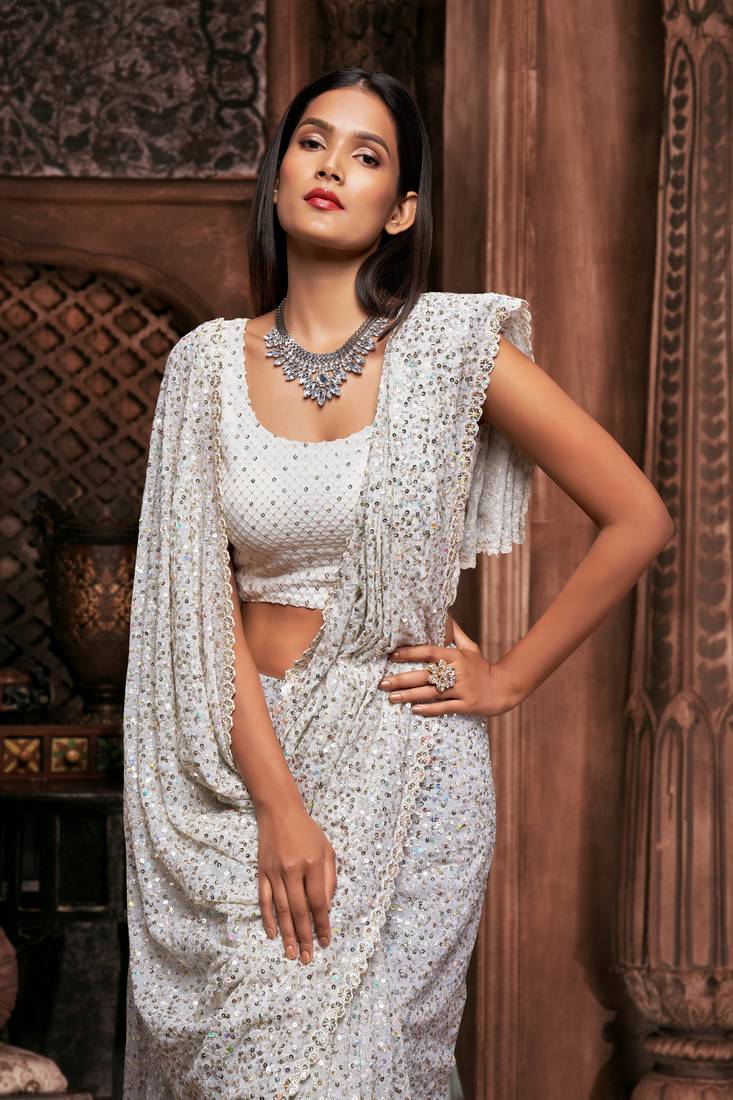 White Georgette Sequins Work Saree With Blouse