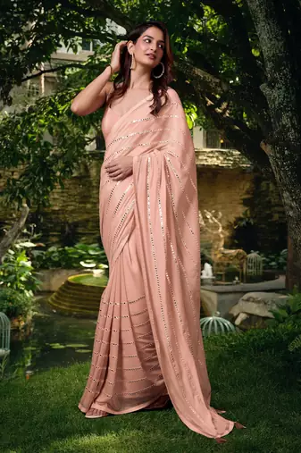  69% offLimited time deal  Chocolate Silk Real Mirror Work Embroidery Saree For women