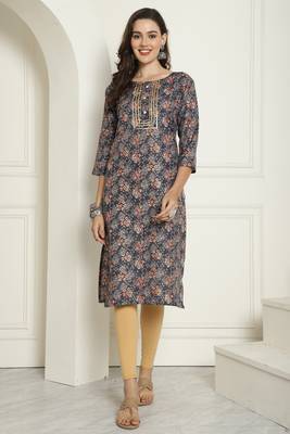 Rajnandini women's grey cotton blend foil printed kurti 1