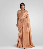 Beige woven anagha cotton  floral design saree with unstitched blouse by sarha